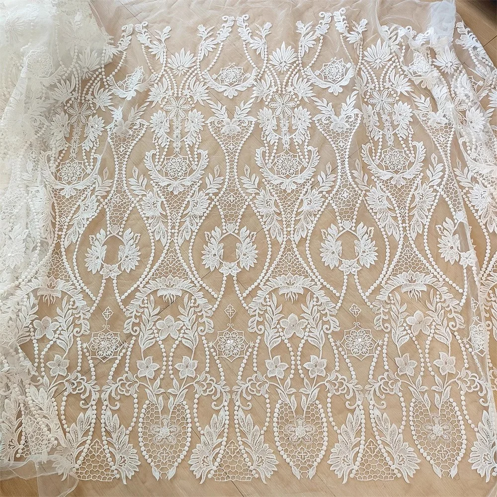 White Beaded Bridal Lace Floral Flower Fabric By The Yard Embroidery Sequin  Lace 